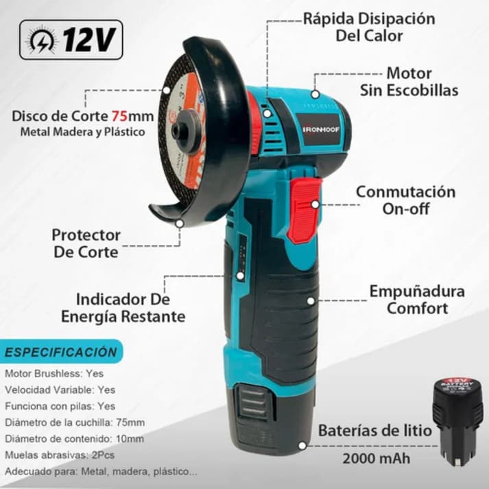 SteelForce 12V Esmeriladora Inalámbrica Angular 2 Baterías
